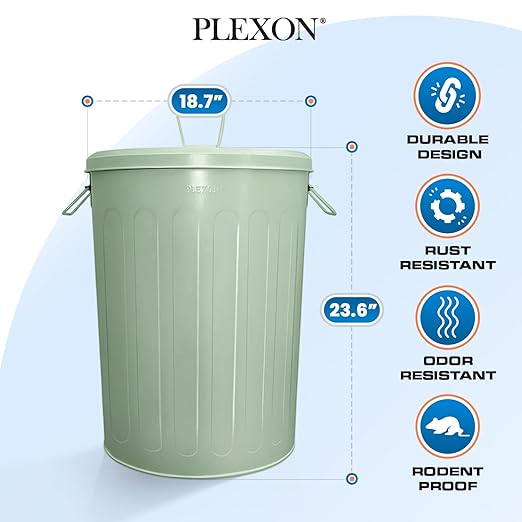 Plexon Large Metal Trash Can with Lid 20 Gallon, Decorative Outdoor Trash Can Heavy Duty Galvanized Metal Bucket with Lid for Garage Workshop Ash Storage Farmhouse, Green 6 Pack
