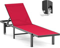 Aluminum Chaise Lounge Chair Outdoor with Wheels, Patio Lounge Chair with Adjustable 5-Position Recliner and Full Flat Tanning Chair for Patio, Beach, Pool, Red