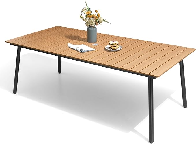 Outdoor Dining Table for 6-8, 82.7 inch Patio Dining Table with Wooden-Like Top and Aluminum Frame, Rectangular Table with Umbrella Hole Outdoor Furniture, Brown