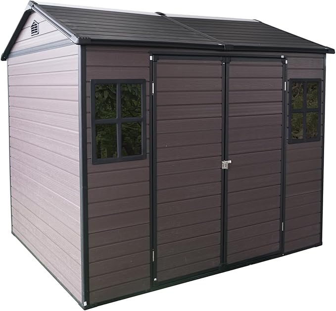 Outdoor Storage Shed with Two-Window and Double-Door, Resin Storage Shed with Lockable Door, Plastic Shed with Floor for Gargen, Patio, Yard, Lawn (Brown, 8 x 6 FT)