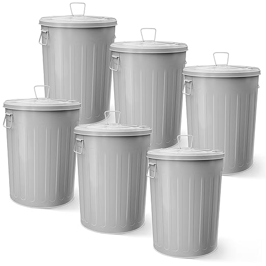 Plexon Large Metal Trash Can with Lid 20 Gallon, Decorative Outdoor Trash Can Heavy Duty Galvanized Metal Bucket with Lid for Garage Workshop Ash Storage Farmhouse, Gray 6 Pack
