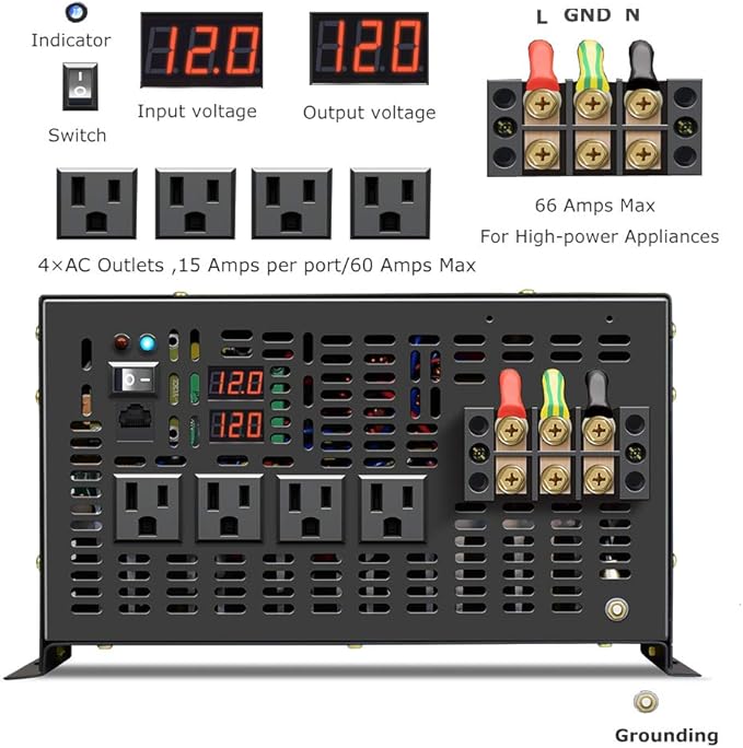 WZRELB 7000W 12V 120V Pure Sine Wave Power Inverter 4 AC Outlets Wired Remote Control,RV, Camping (RBH-700012WR)