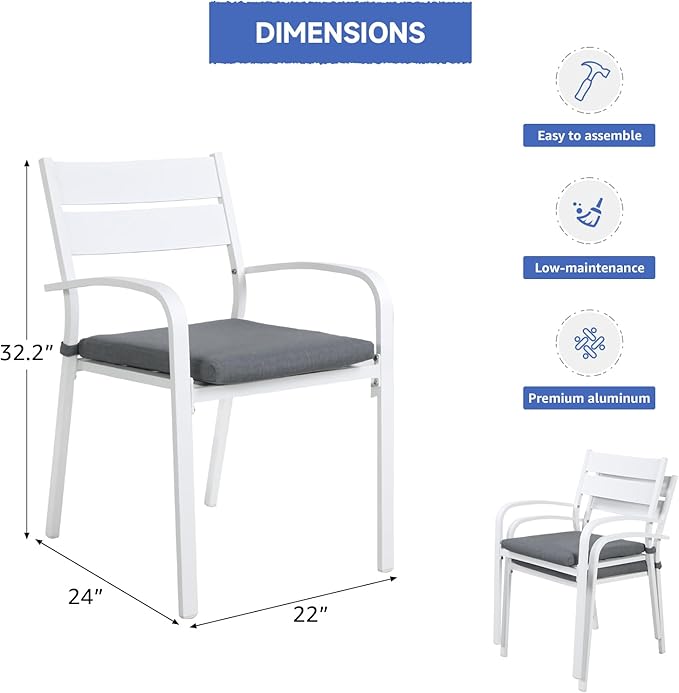 Soleil Jardin Outdoor Aluminum 2-Piece Patio Dining Chairs with Cushions, Stackable Bistro Chairs for Balcony, Garden, Backyard, White Finish & Grey Cushion