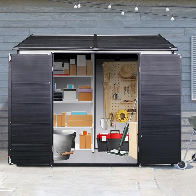 8x6 FT Resin Outdoor Storage Shed with Floor and 2 Windows, Outside Plastic Sheds Storage Clearance w/Lockable Door, Backyard Garden Tool House for Patio, Yard, Lawn, Bike, Grey White
