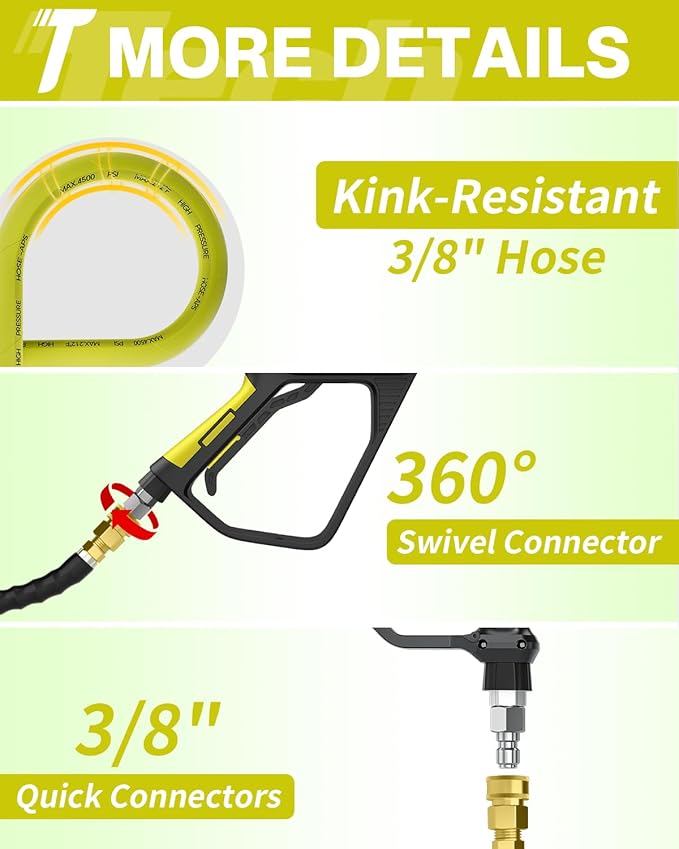 Pressure Washer Hose 125FT 3/8" for Cold and Hot Water 212°F, with Swivel Quick Connect, 4500PSI Kink Resistant Grade Steel Wire Braided, Power Washer Hose With 2pcs M22-14mm Adapter