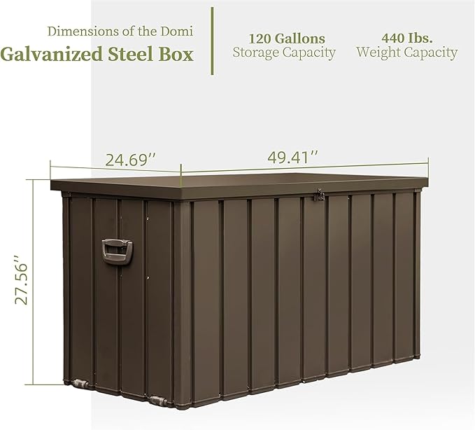 120 Gallon Outdoor Deck Box Lockable Metal Indoor Outdoor Storage Container with Side Handle, Waterproof Storage Box with Rolling Castors for Patio Garden Tools, Pools Equipment, Cushions, Brown