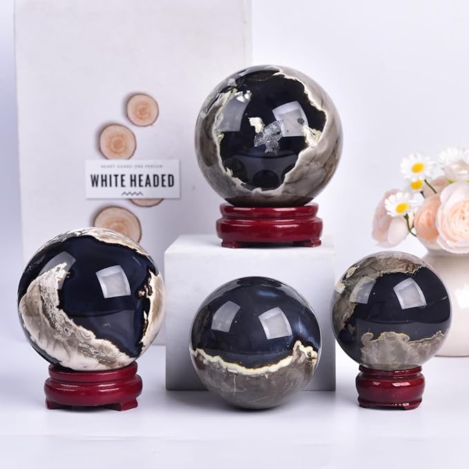 JIC Gem Volcanic Agate Crystal Sphere Large Quartz Crystal Ball with Stand Healing Ornament Witchcraft Meditation Decor 2.3-2.7 inch(60-70mm)