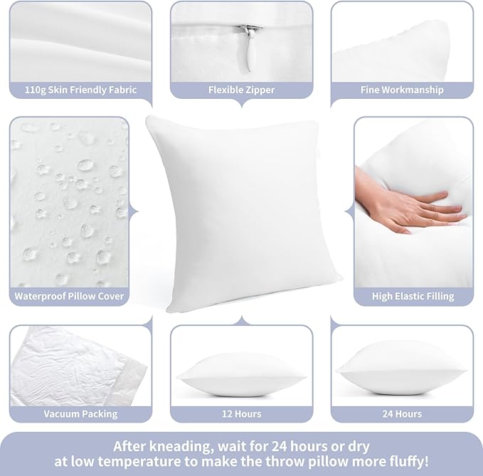 26 x 26 Outdoor Pillow Insert Large Throw Pillow Inserts Pack of 2 Water Resistant Patio Furniture Pillows Decorative Porch Couch Pillows Premium Square Sofa Pillow, White