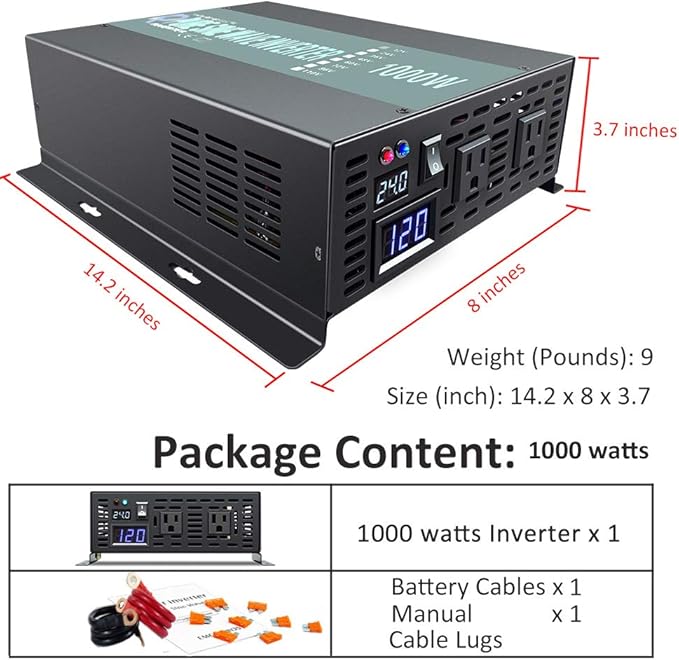 WZRELB RBP100024VCRT 1000W 24V 120V Pure Sine Wave Solar Power Inverter with Remote Control Switch
