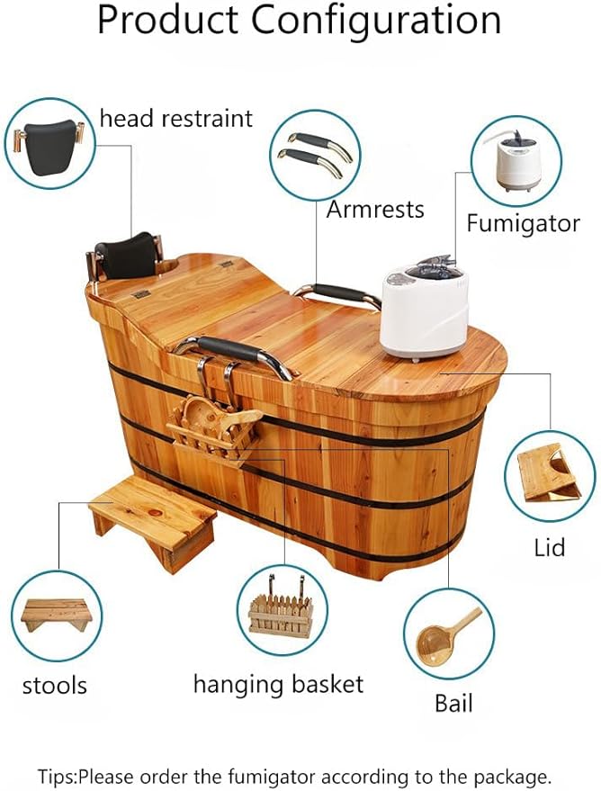 Wooden Hot Tub Bathroom Freestanding Soaking Non-Slip Bathtub Thickened Handrail Style Healthy Medicinal Bathtub For Both Adult And Child Family Members (Armrest with Cover Premium Configuration)