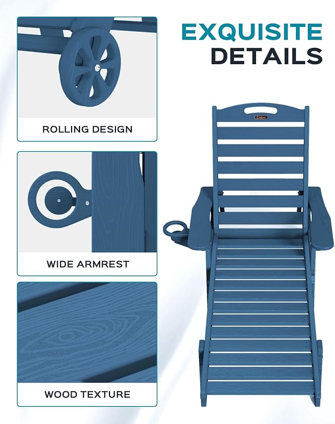 Lounge Chair Outdoor, Oversized Chaise Lounge Chair with 5 Positions, HDPE, Patio Lounge Chair with Wheels & Cup Holder for Pool, Deck, Poolside, Azure Blue