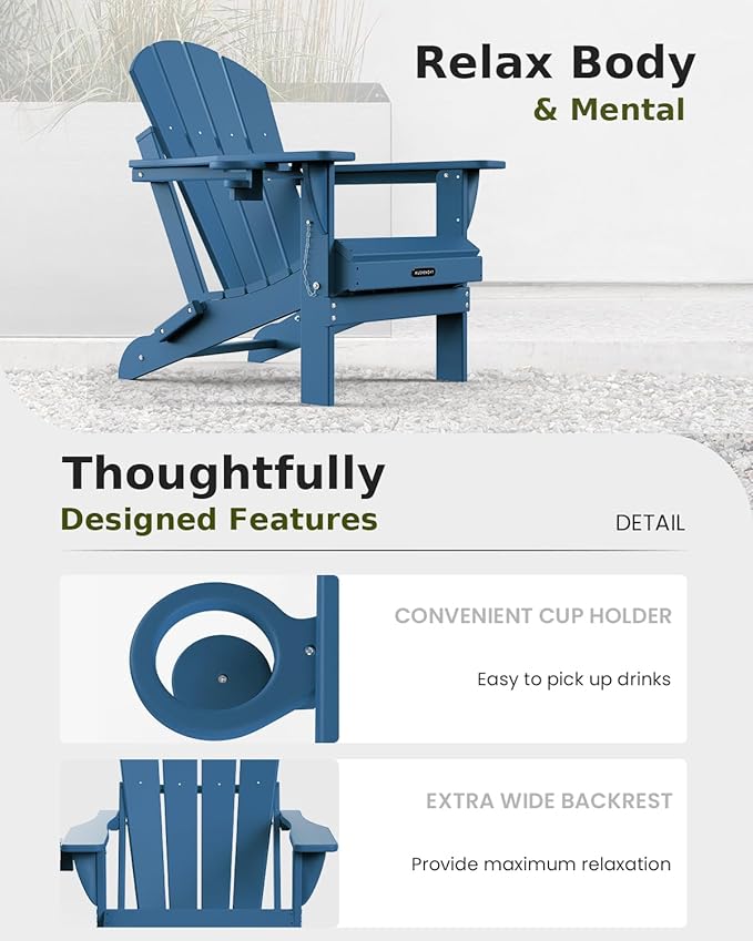 MUCHENGHY Folding Adirondack Chairs Set of 2 HDPE Weather Resistant, Patio Firepit Chairs, Sturdy Outside Chair, Lawn Chairs, 15min Assembly 380lb, Royal Blue
