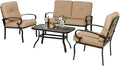 4-Piece Outdoor Metal Furniture Sets Patio Conversation Set Wrought Iron Loveseat, 2 Single Chairs, Coffee Table with Cushion, Lawn Front Porch Garden, Brown