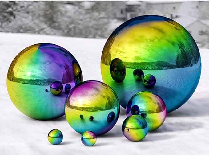 12 inch Diameter Gazing Ball,Rainbow Stainless Steel Polished Reflective Smooth Garden Sphere Globe Mirror,Colorful and Shiny Addition to Any Garden or Home