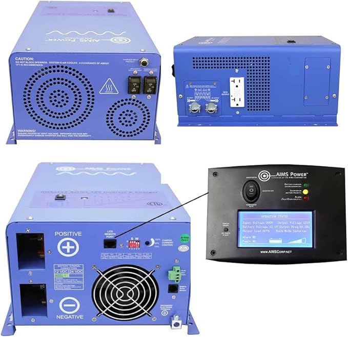 AIMS Power 1000 Watt / 3000 Watt Peak Pure Sine Inverter Charger 12 Volt DC to 120 Volt AC ETL Listed with LCD Remote