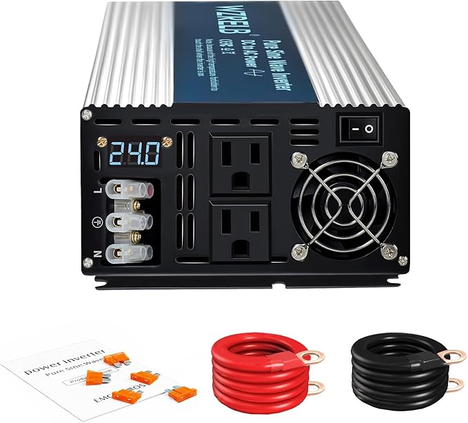 WZRELB 4000W Pure Sine Wave Inverter 24V DC to 110V 120V AC Power Converter with LED Display, Hardwire Terminal,Off-Grid Portable Power Inverter with Dual AC Outlets for Home, RV, Truck, Camping