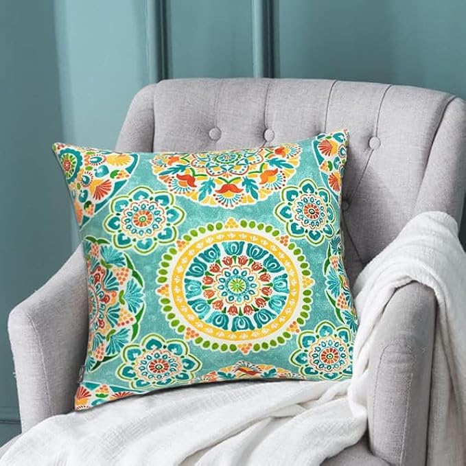 FUNHOME Outdoor Pillow Covers ONLY, No Insert! Pack of 2 Square Throw Pillow Covers, Decorative Water-Repellent Modern Cushion Cases for Sofa Patio Couch Decoration 18 x 18 Inch-Cyan Circle