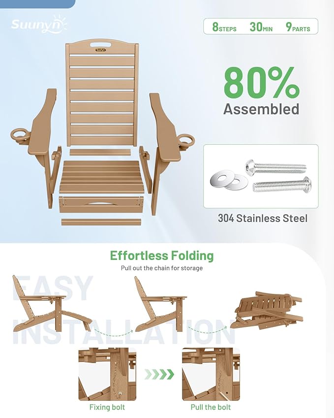 Folding Adirondack Chairs Set of 2,Adirondack Chair with Retractable Ottoman,Plastic Adirondack Chairs with 2 Cup Holder,Weather Resistant Patio Chair,Outdoor Chairs Set of 2(Teak)