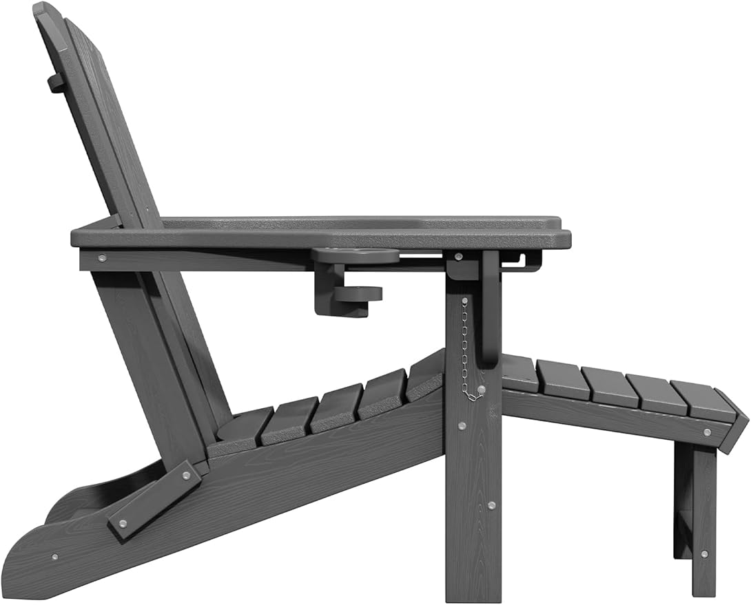 KINGYES Adjustable Folding Adirondack Chair with Footrest & 4-in-1 Multi-Functional Armrest Organizer Set of 4, HDPE Foldable Reclining Adirondack Chair with Pull-Out Ottoman, Grey