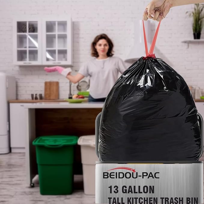 13 Gallon Trash Bags Drawstring, 100 Count Bulk, Black & Unscented Garbage Bags, Multi-purpose Tall Kitchen Trash Bags Can Liners for Business Home Commercial and Industrial