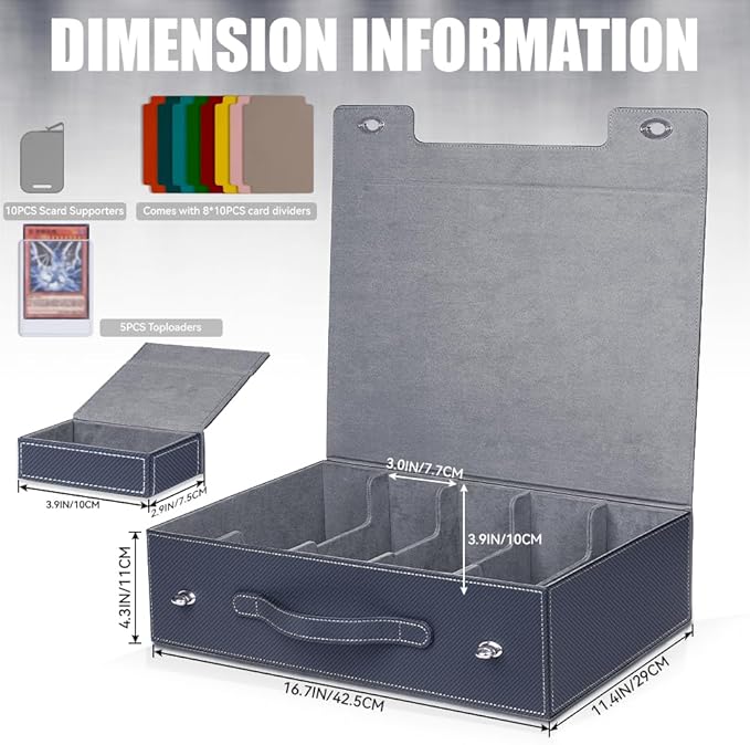 5-Row 3900+ Trading Card Storage Box for MTG, Card Deck Box with Snap-fit Design, 5 Card Sleeves, 10 Stoppers, 80 Dividers and 1 Dice Tray (Black-Grey)
