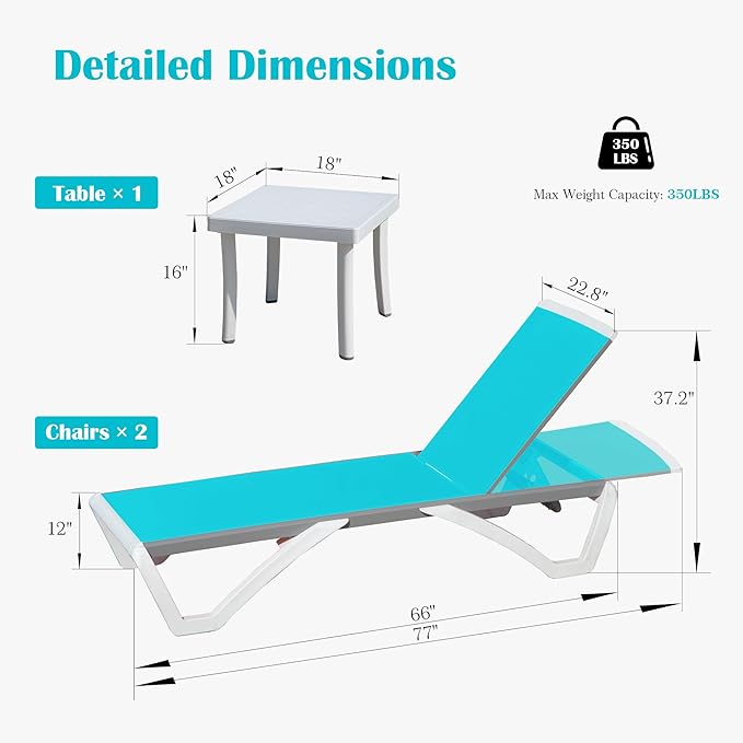 Domi Outdoor Lounge Chair Set of 3, Aluminum Patio Chaise Lounge with 5 Position Adjustable Backrest and Wheels, All Weather Reclining Chair for Patio, Yard, Balcony, Poolside (Lake Blue)