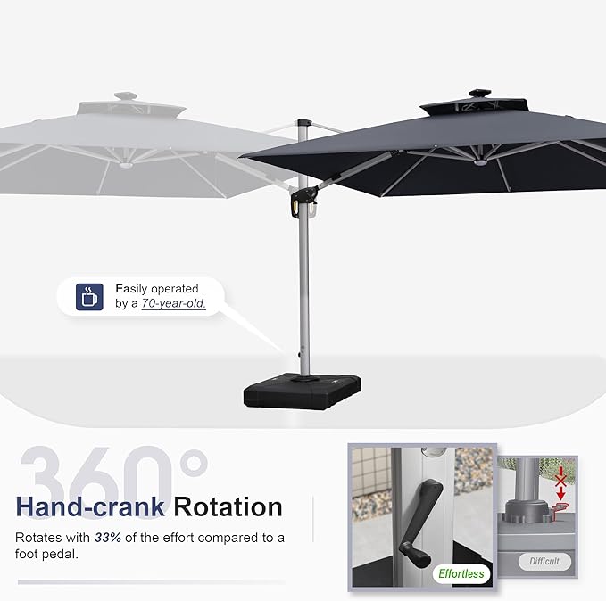 PURPLE LEAF 10 Feet Double Top Deluxe Solar Powered LED Square Patio Umbrella Offset Hanging Umbrella Outdoor Market Umbrella Garden Umbrella, Grey