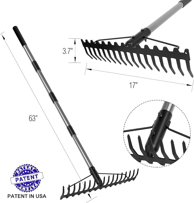 Walensee 5.4FT Bow Rake Heavy Duty Garden Rake with Stainless Steel Handle, 17 Steel Tines Garden Tool for Loosening Soil Gathering Leaf Leveling Lawn Farming Land Management Yarn Thatch Rakes
