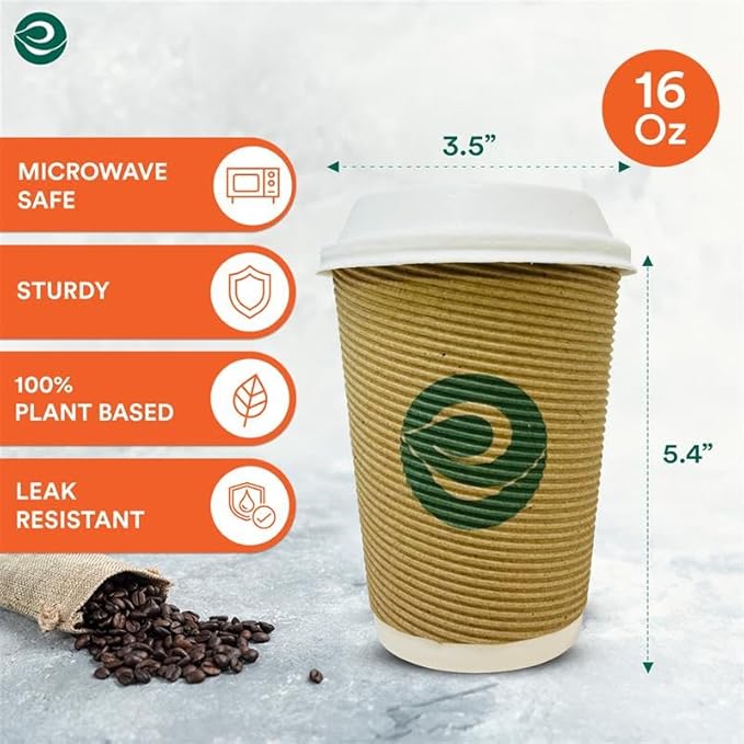 ECO SOUL 16oz Compostable Ripple Cups (100 Pack) – Biodegradable Paper Cups, Non-Toxic Disposable Cups for Hot Drinks, To-Go Coffee Cups, Eco-Friendly & Ripple Paper Cups