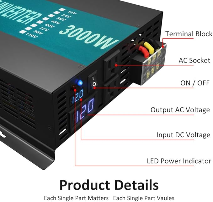 WZRELB RBPRC300012 3000W 12V 110~120V Pure Sine Wave Solar Power Inverter with Remote Control Switch