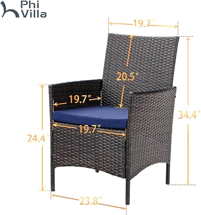 PHI VILLA Patio Wicker Chair Set of 2, Outdoor Modern PE Rattan Armchair with Removable Cushions for Deck, Porch, Balcony