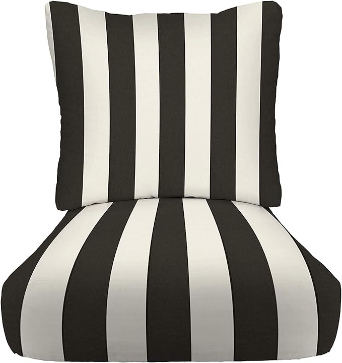 RSH DECOR Deep Seating Cushion with Pillow Back | 23” x 25” x 5" Seat | Water and Fade-Resistant Spun Fabric | Made in USA | Outdoor Chair Cushion Set for Patio Furniture (Black & White Stripe)