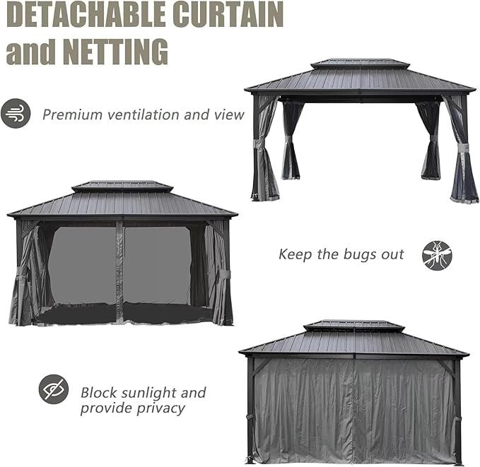 Domi 12’ X 16’ Hardtop Gazebo Canopy with Netting & Curtains, Outdoor Metal Gazebo with Galvanized Steel Double Roof for Patio Lawn and Garden, Gray