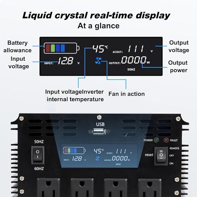 3000 Watt Pure Sine Wave Power Inverter with LCD 12V DC to 110V/120V AC Peak Power 6000W Car Power Inverter with 4 AC Outlets & 1 USB Port & Remote Control for Truck RV Car Solar System