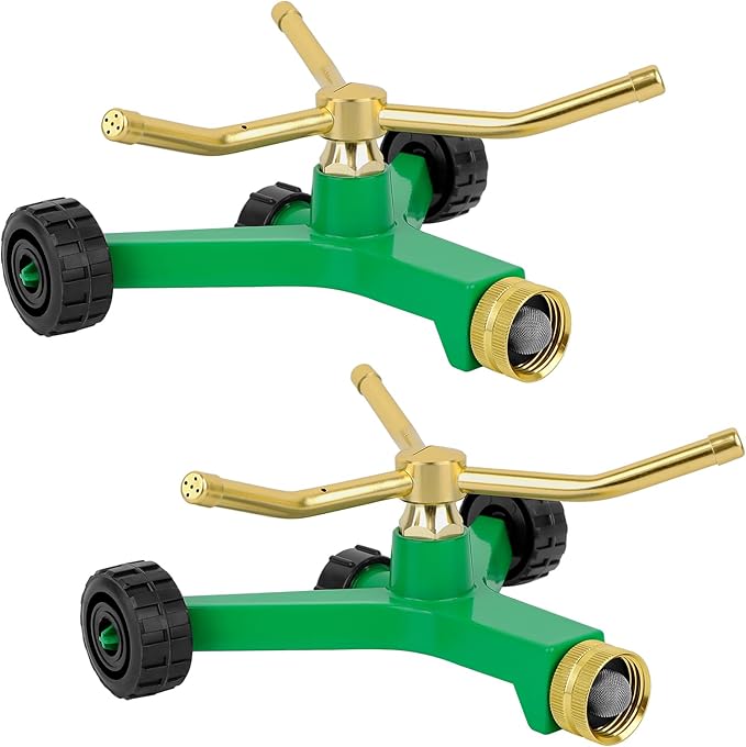 [2 Pack] RESTMO 3-Arm Metal Sprinkler with Wheel Base, 360 Degree Automatic Rotary Lawn Sprinkler System for Garden Plant, Flower Bed and Yard Watering and Large Yard Area Watering