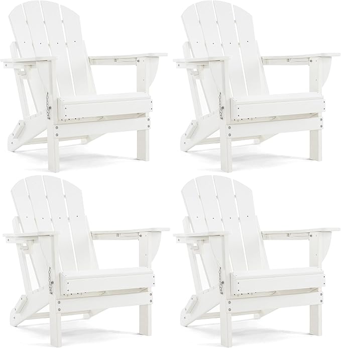Folding Adirondack Chair, HDPE Outdoor Texture Lawn Chair with Reclining Back, Cup and Phone Holder - Comfortable Firepit Chair Weather Resistant for Patio or Backyard (White, Set of 4)