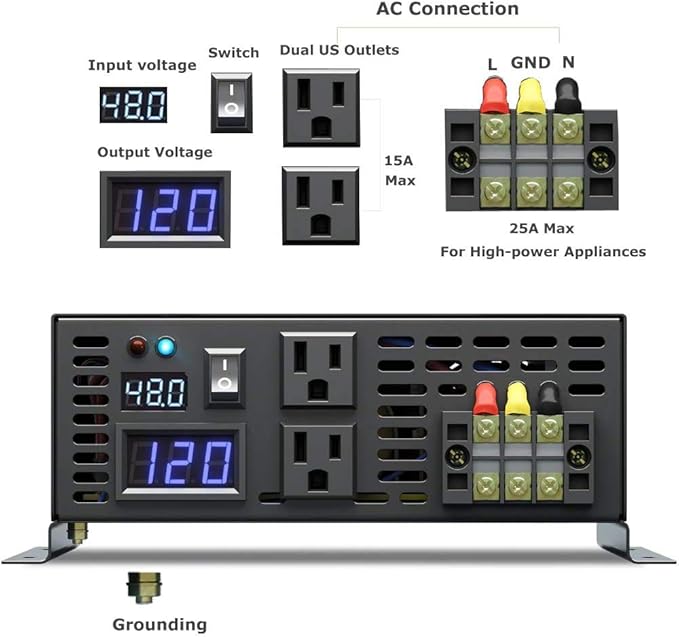 WZRELB 2000W 48V 120V Pure Sine Wave Power Inverter with 2 AC Outlets,Car Inverter