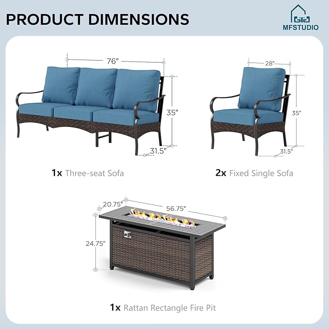MFSTUDIO 4 Pieces Outdoor Patio Furniture Set, Metal Outdoor Conversation Set, Rattan Wicker Patio Sectional Set with 2 x Fixed Single Sofa, 3-Seat Sofa, 1 x Fire Pit Table, Navy Blue