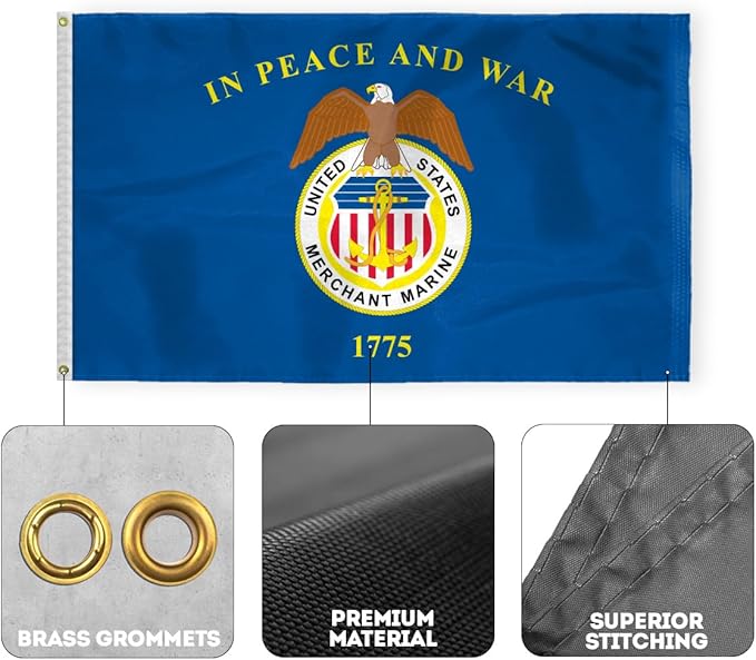 AGAS United States Merchant Marines Flag 4.4x5.6 Ft - Printed 200D Nylon Canvas Header Two Brass Grommets