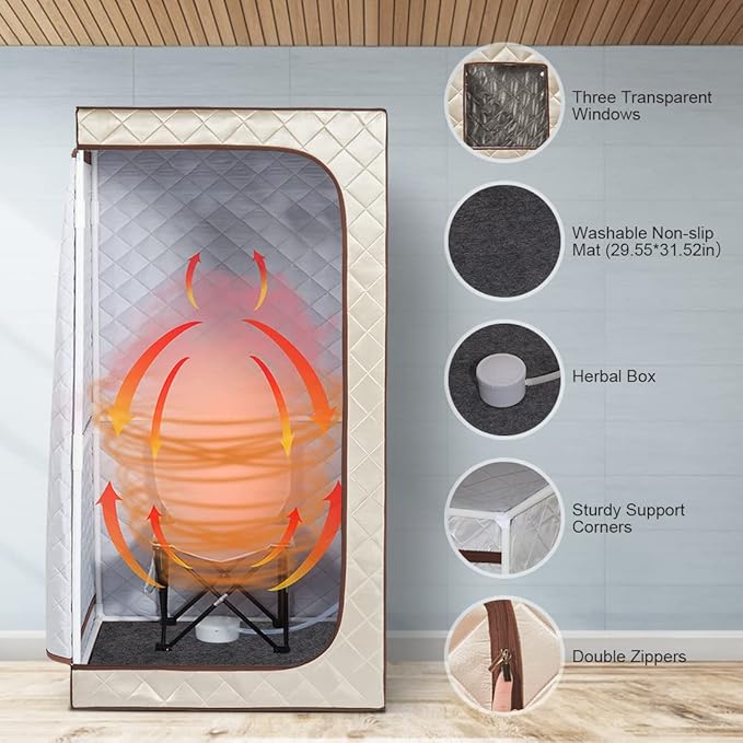 Smartmak Portable Home Steam Sauna, Full Size Personal Sauna Spa Box, Single Saunas Tent with Steamer, 4L 1500W Steam Generator 99 Min Timer, Remote Control, Upgraded Foldable Chair, Mat, Beige Brown