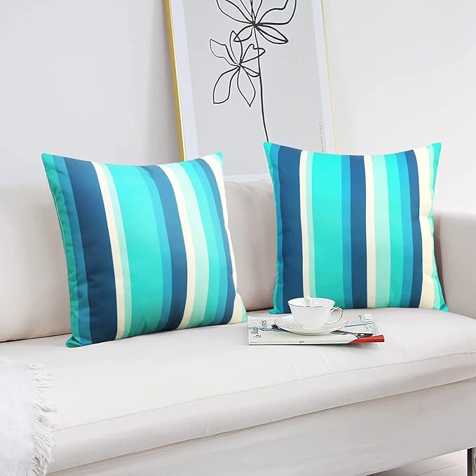 Pyonic Outdoor Waterproof Throw Pillow Covers 18x18 Dark Blue Pillow Covers Decorative Lines Striped Cushion Cases Set of 2 for Patio Furniture Tent Garden,Color Stripe