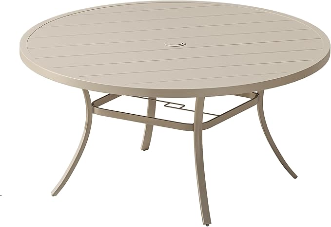 VICLLAX Outdoor Patio Round Dining Table, 53"x 53" Metal Slatted Round Tabletop with Adjustable Umbrella Hole for Deck Lawn Garden Backyard, Sandshell