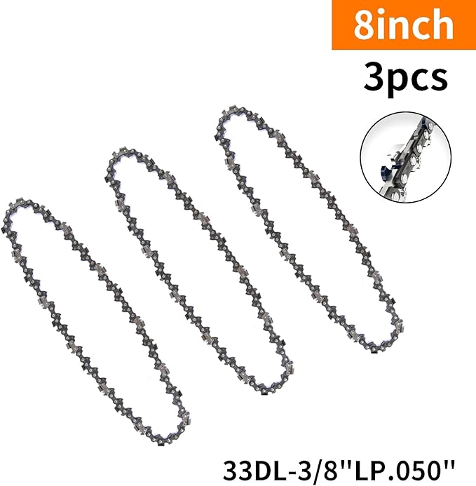 3Pcs 8 Inch Mini Chainsaw Chain, 3/8" LP Pitch .050" Gauge 33 Drive Links, Replacement Chains for Portable Mini Chainsaw, Guide Saw Chain for Chainsaws (8"-33DL-3/8"LP .050"-3pcs)