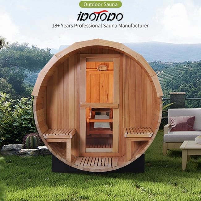 Outdoor Barrel Sauna, 6 Person Wood Steam Saunas Room with Porch, 6kw Toule Electric Heater with Sauna Stone, Canadian Cedar, Roof, 94.48”*70.86“*70.86“ (Cedar)