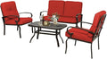 4-Piece Outdoor Metal Furniture Sets Patio Conversation Set Wrought Iron Loveseat, 2 Single Chairs, Coffee Table with Cushion, Lawn Front Porch Garden, Red