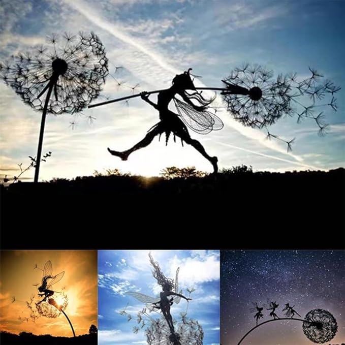 Flower Fairy Dancing with Dandelion Garden Art Sculpture Stainless Steel Statue Christmas Halloween Decoration for Outdoor Yard Courtyard Lawn Patio Metal Ornaments (Open Hands)