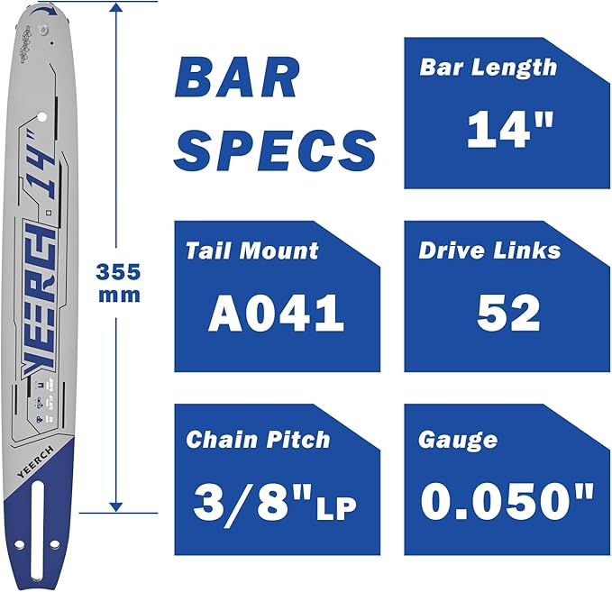 14 Inch Chainsaw Bar 52 Drive Links 3/8"LP Pitch .050" Gauge, 14 Chainsaw Guide Bar, Chainsaw Accessories Fits for Echo, Craftsman, Homelite, Poulan and More