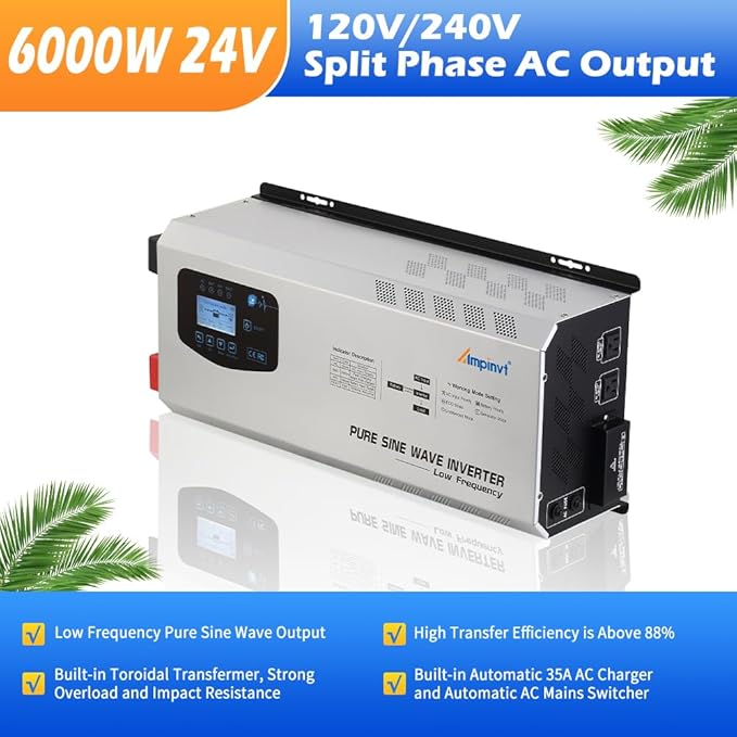 Ampinvt 6000W Peak 18000W Pure sine Wave Inverter, 24VDC to 120V 240V Split Phase Output, with ac Battery Charger, Low Frequency Off Grid Power System Sealed Gel Agm Flooded Lithium Battery