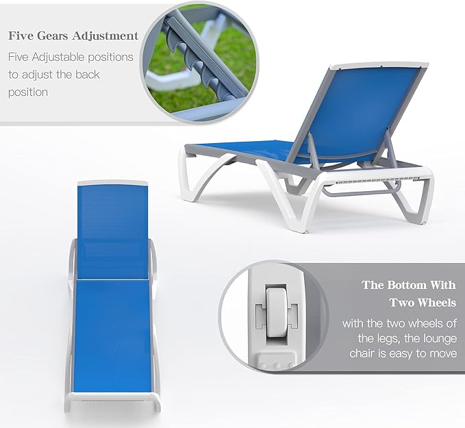 Domi Outdoor Lounge Chair, Aluminum Patio Chaise Lounge with 5 Position Adjustable Backrest and Wheels, All Weather Reclining Chair for Patio, Yard, Balcony, Poolside (Blue)