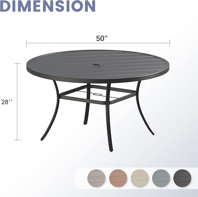 VICLLAX Outdoor Patio Round Dining Table, 50"x 50" Metal Slatted Round Tabletop with Adjustable Umbrella Hole for Deck Lawn Garden Backyard, Black